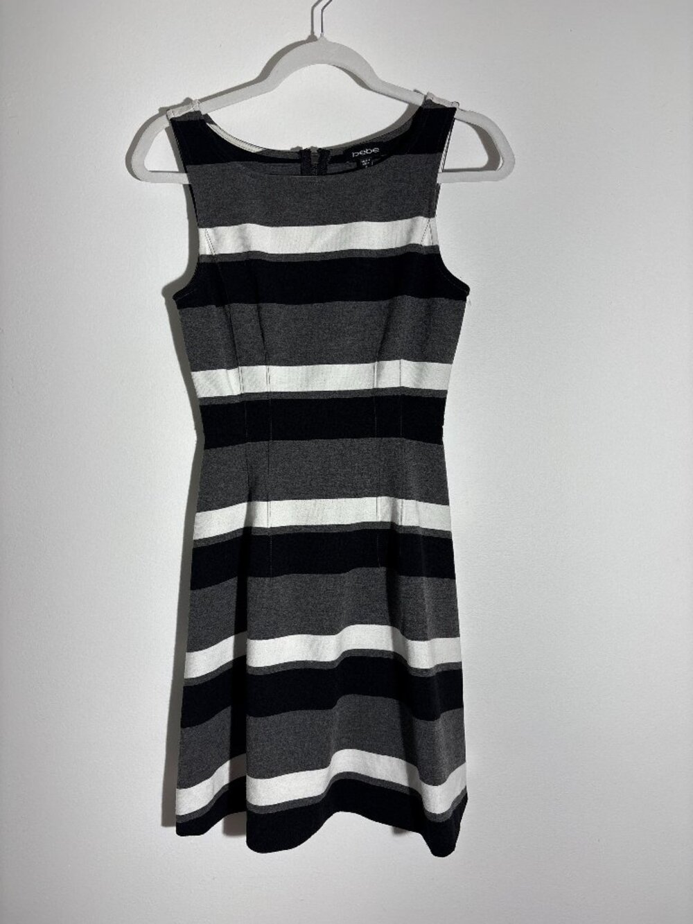 Bebe Black Grey White Striped Contour Bodycon Bandage Knit Dress Size S
